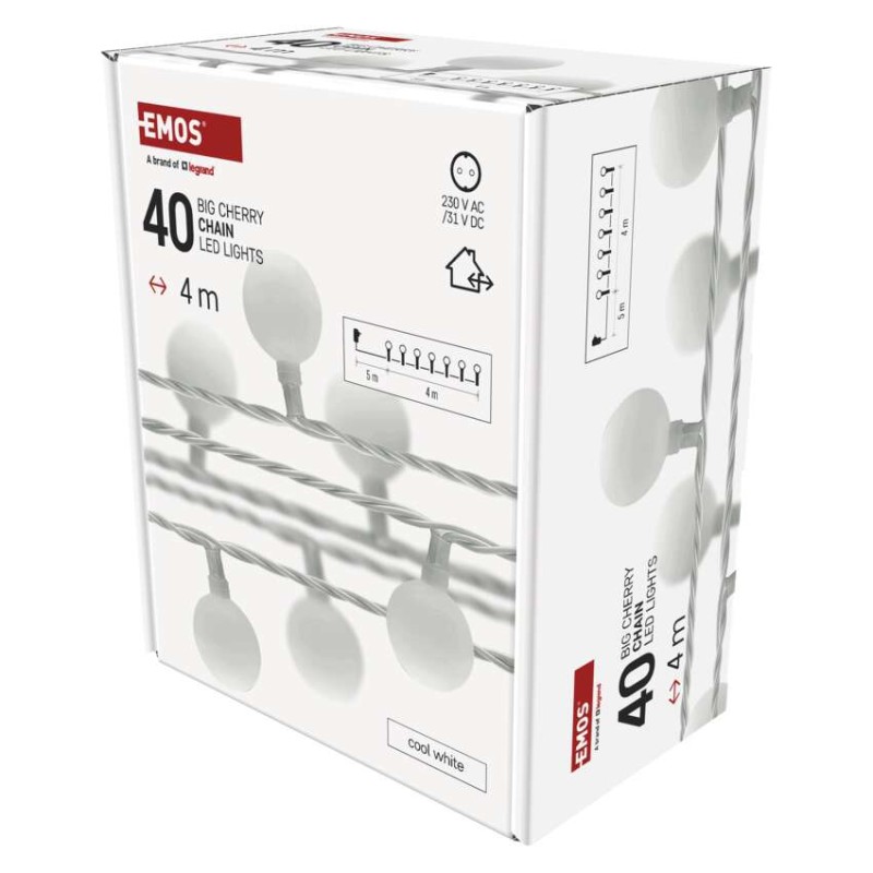 Dekoracje - 40 LED big cherry 4m IP44 zimna biel, biały przewód, IP44, timer