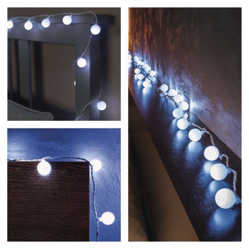 Dekoracje - 40 LED big cherry 4m IP44 zimna biel, biały przewód, IP44, timer