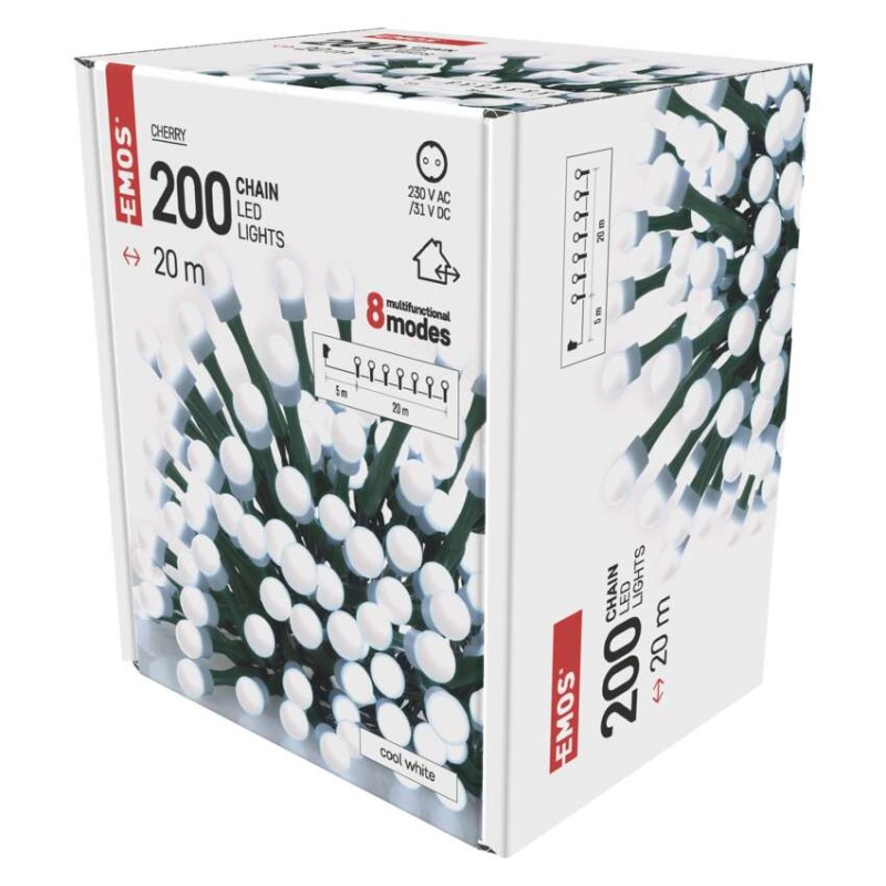 LED Weihnachtslichterkette Cherry – Kugeln, 20 m, Außen und Innen, Kaltweiß, Programme