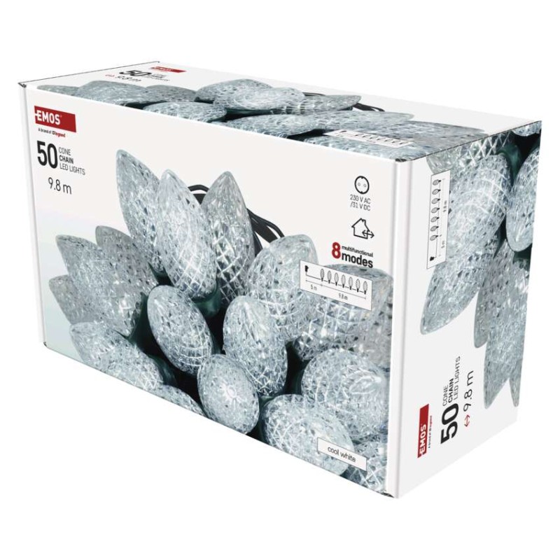 LED vánoční řetěz – šišky, 9,8 m, venkovní i vnitřní, studená bílá, programy