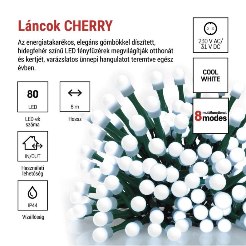 LED karácsonyi fényfüzér,cseresznye–golyók, 8 m,kültéri és beltéri,hideg fehér,progr,időz.