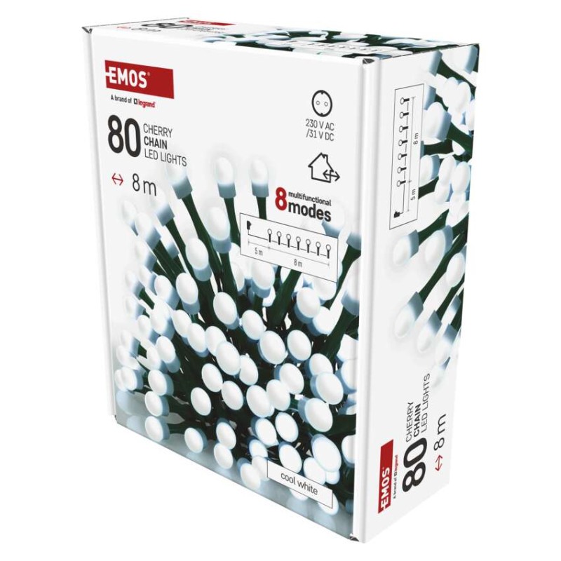 LED karácsonyi fényfüzér,cseresznye–golyók, 8 m,kültéri és beltéri,hideg fehér,progr,időz.