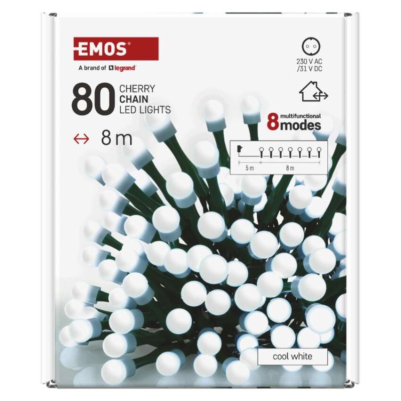 LED karácsonyi fényfüzér,cseresznye–golyók, 8 m,kültéri és beltéri,hideg fehér,progr,időz.