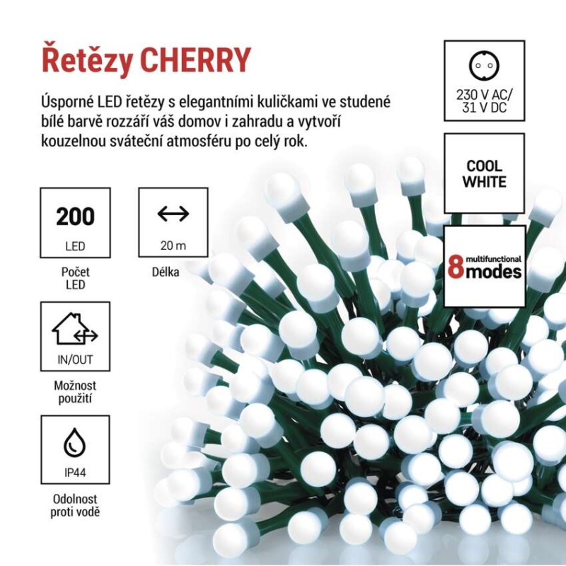 LED vánoční cherry řetěz – kuličky, 20 m, venkovní i vnitřní,studená bílá,programy,časovač