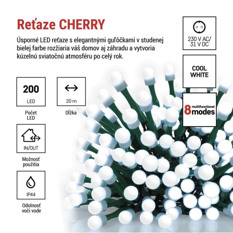LED vianočná cherry reťaz–guličky,20 m,vonkajšia aj vnútorná,st. biela,programy,čas