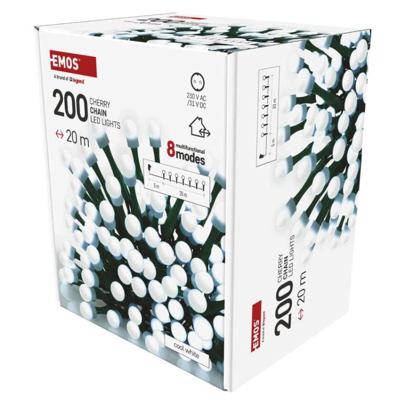 LED vánoční cherry řetěz – kuličky, 20 m, venkovní i vnitřní,studená bílá,programy,časovač