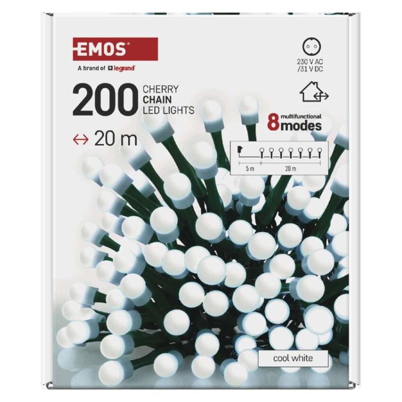 LED vánoční cherry řetěz – kuličky, 20 m, venkovní i vnitřní,studená bílá,programy,časovač