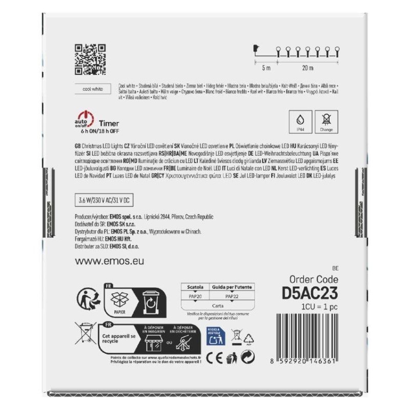 LED vánoční cherry řetěz – kuličky, 20 m, venkovní i vnitřní,studená bílá,programy,časovač