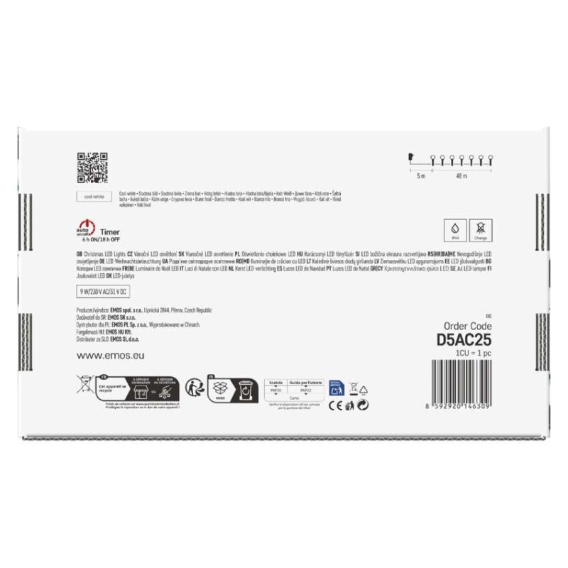 LED vánoční cherry řetěz – kuličky, 48 m, venkovní i vnitřní,studená bílá,programy,časovač