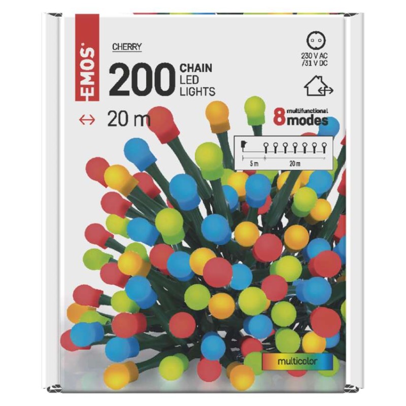 LED vianočná cherry reťaz – guličky, 20 m, vonkajšia aj vnútorná, multicolor, programy