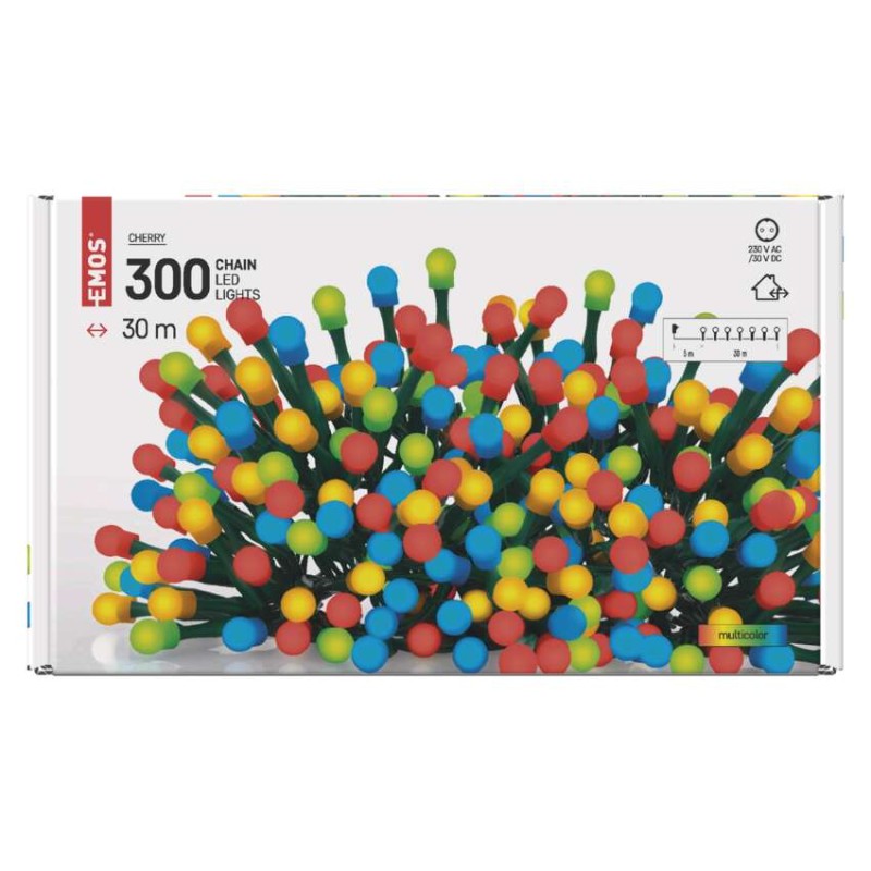 LED Ziemassvētku virtene – bumbiņas, 30 m, liet. ārā un iekšt., daudzkrāsaina, ar taimeru