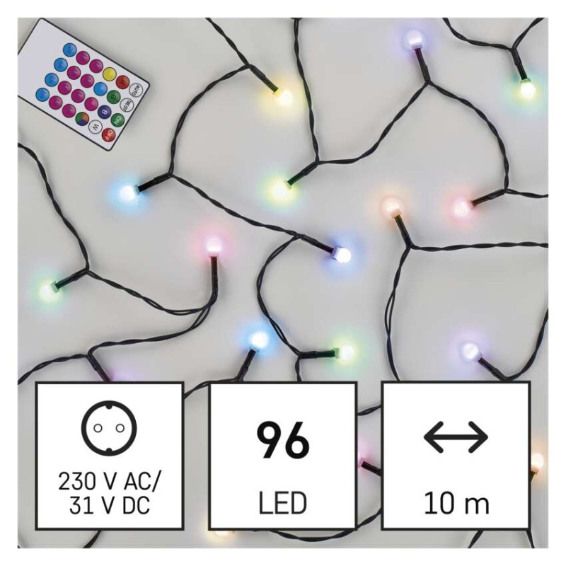 LED karácsonyi fényfüzér, cseresznye – golyók, 10 m, RGB, távirányító, programok, időzítő