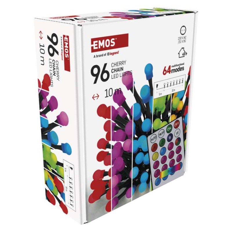 LED karácsonyi fényfüzér, cseresznye – golyók, 10 m, RGB, távirányító, programok, időzítő
