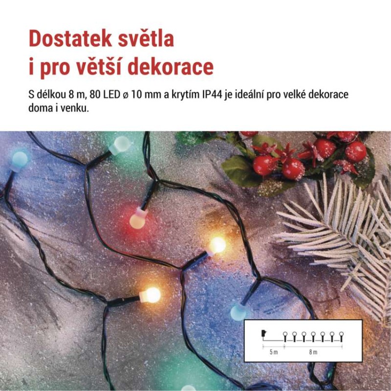 LED vánoční cherry řetěz – kuličky, 8 m, venkovní i vnitřní, multicolor, programy, časovač
