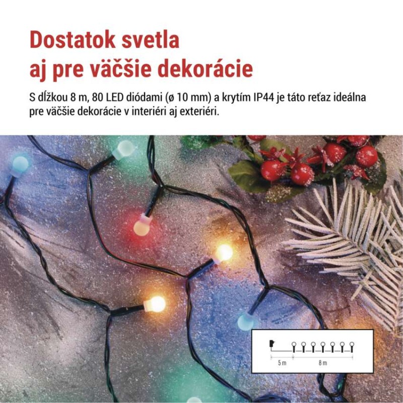 LED vianočná cherry reťaz–guličky, 8 m, vonkajšia aj vnútorná, multicolor,programy,časovač