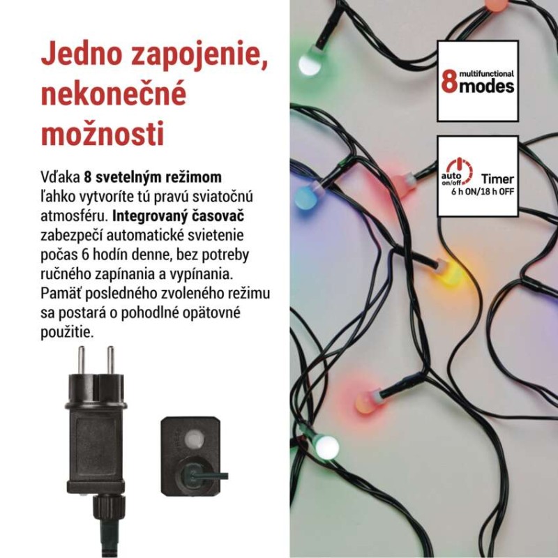 LED vianočná cherry reťaz–guličky, 8 m, vonkajšia aj vnútorná, multicolor,programy,časovač