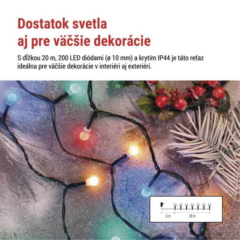 LED vianočná cherry reťaz – guličky, 20 m, vonk. aj vnútor., multicolor, programy, časovač