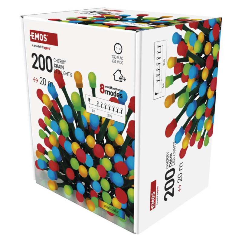 Lampki choinkowe 200 LED cherry 20m, multikolor, zielony przewód, IP44, 8 programów, timer