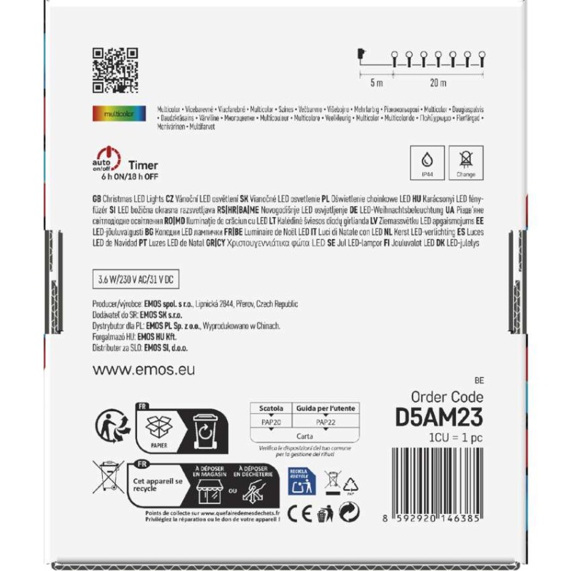 Lampki choinkowe 200 LED cherry 20m, multikolor, zielony przewód, IP44, 8 programów, timer