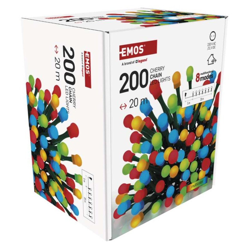 Lampki choinkowe 200 LED cherry 20m, multikolor, zielony przewód, IP44, 8 programów, timer