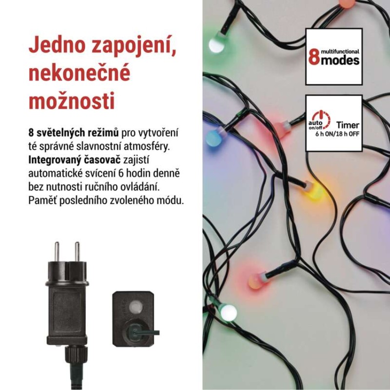 LED vánoční cherry řetěz – kuličky, 30 m, venkovní i vnitřní, multicolor, programy,časovač