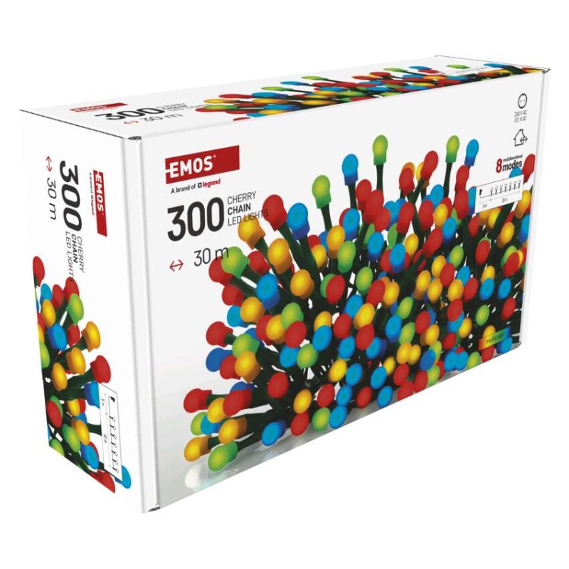 LED Ziemassvētku virtene – bumbiņas, 30 m, liet. ārā un iekšt.,daudzkrāsaina,8 r.,ar taim.