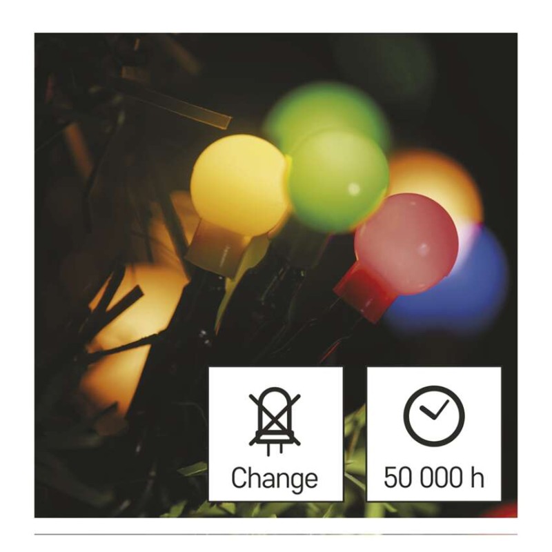 LED Ziemassvētku virtene – bumbiņas, 30 m, liet. ārā un iekšt.,daudzkrāsaina,8 r.,ar taim.