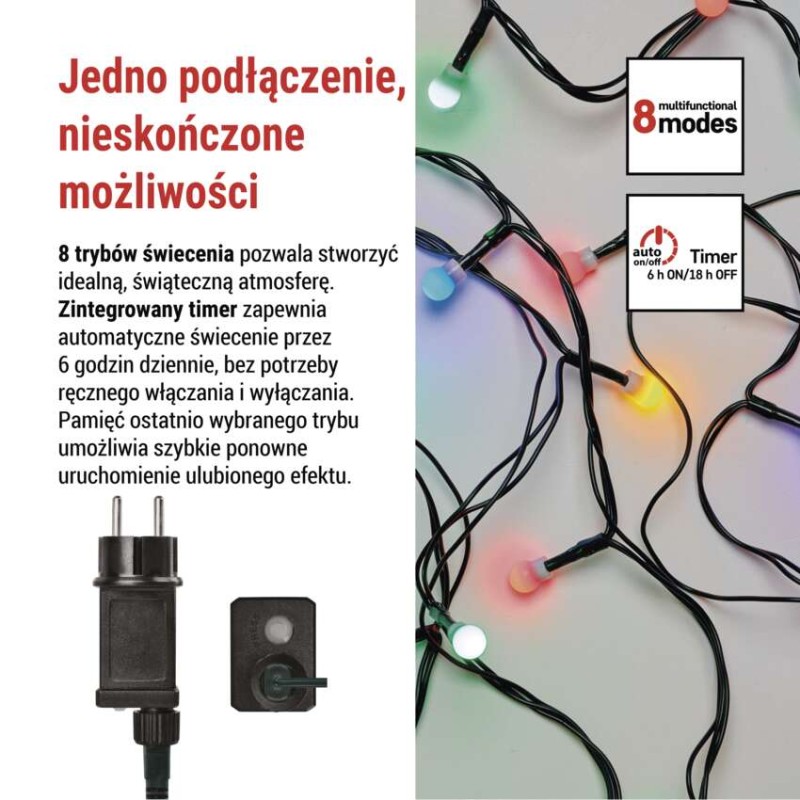 Lampki choinkowe 480 LED cherry 48m, multikolor, zielony przewód, IP44, 8 programów, timer