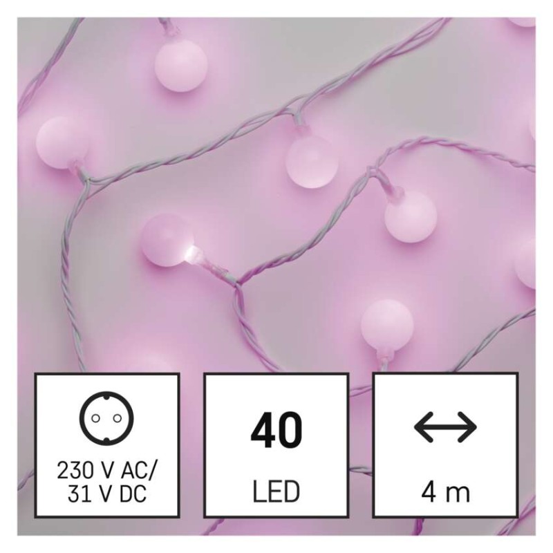 LED Ziemassvētku virtene – 2,5 cm bumbiņas, 4 m, liet. ārā un iekšt., rozā, ar taimeru