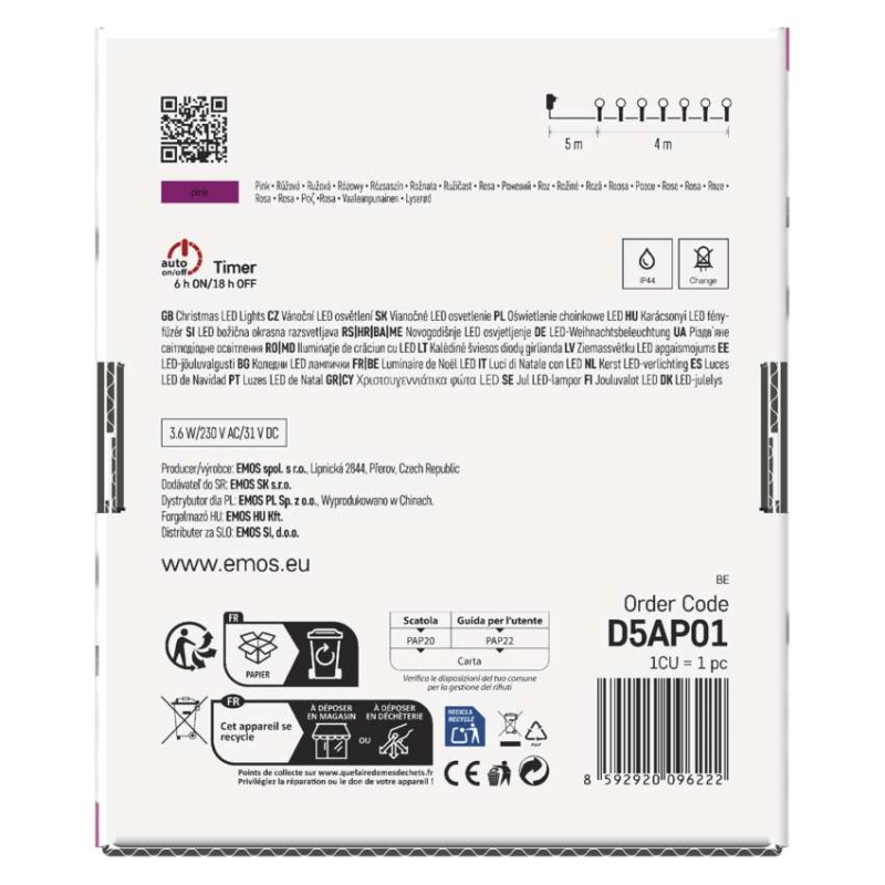 LED Ziemassvētku virtene – 2,5 cm bumbiņas, 4 m, liet. ārā un iekšt., rozā, ar taimeru