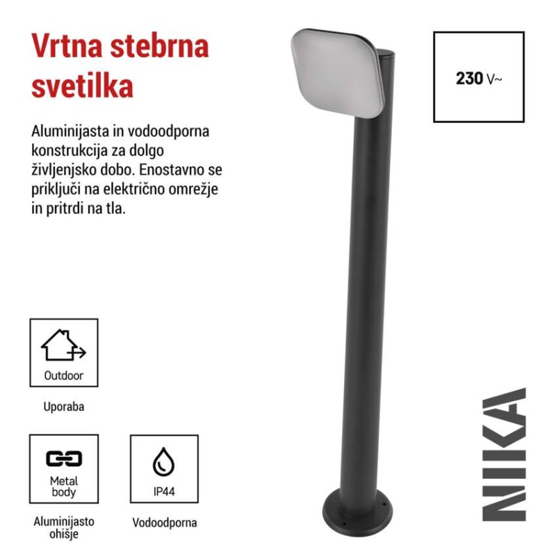 Vrtna LED stoječa svetilka NIKA, 12 x 12 x 80 cm, 12,5 W, toplo bela