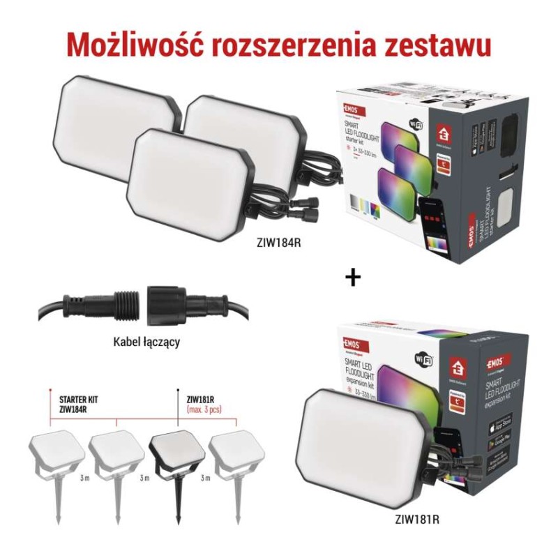 GoSmart Naświetlacze LED RGB IC + CCT, IP65, zestaw startowy 3 szt., WiFi
