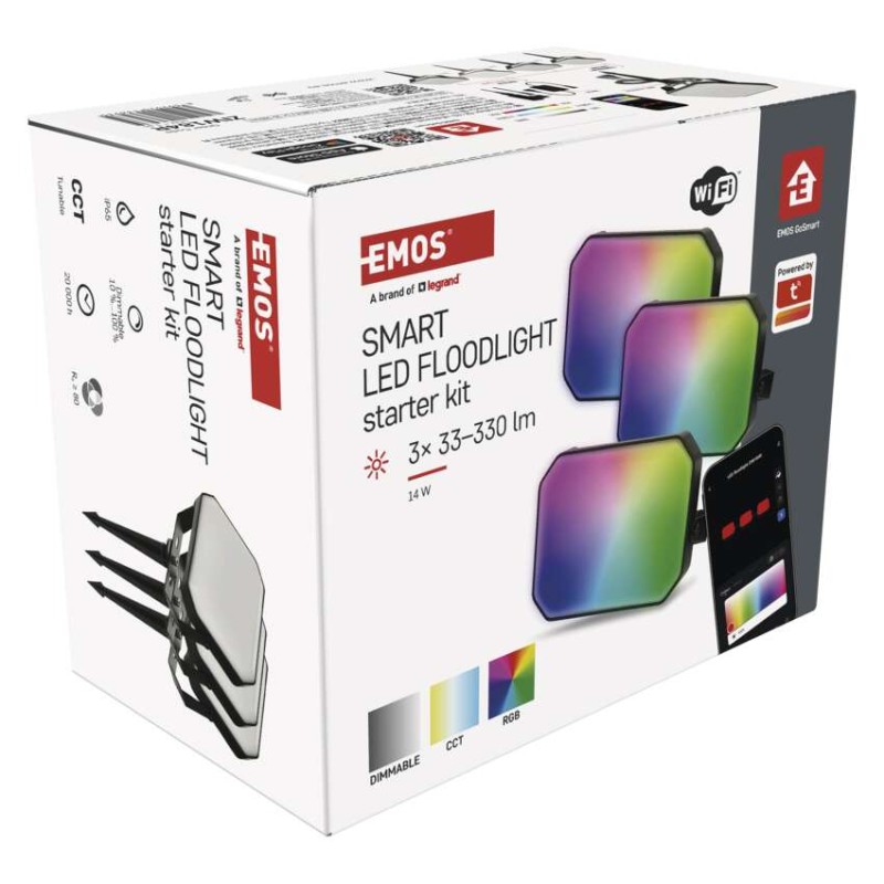 GoSmart kültéri LED reflektor, kezdő készlet, 3 darab, 14 W, RGBIC dimmelhető, WiFi