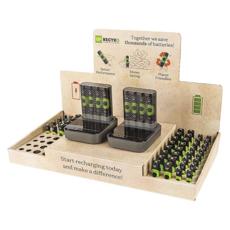 Stojan GP ReCyko Premium / 2×nabíječka GP + dock / 26×AA + 16×AAA / 2×USB-A adaptér