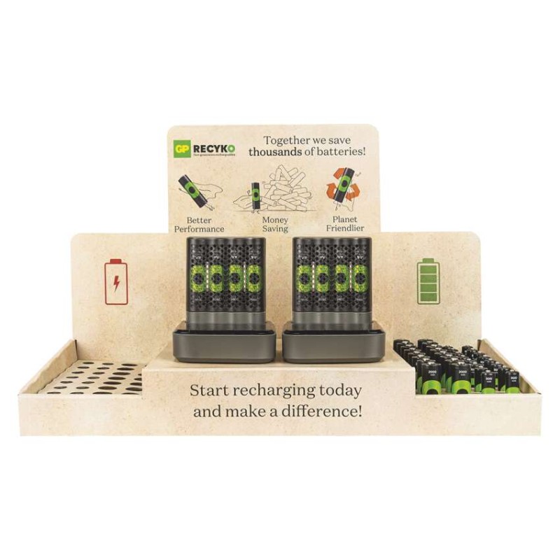 Stojan GP ReCyko Premium / 2×nabíječka GP + dock / 26×AA + 16×AAA / 2×USB-A adaptér