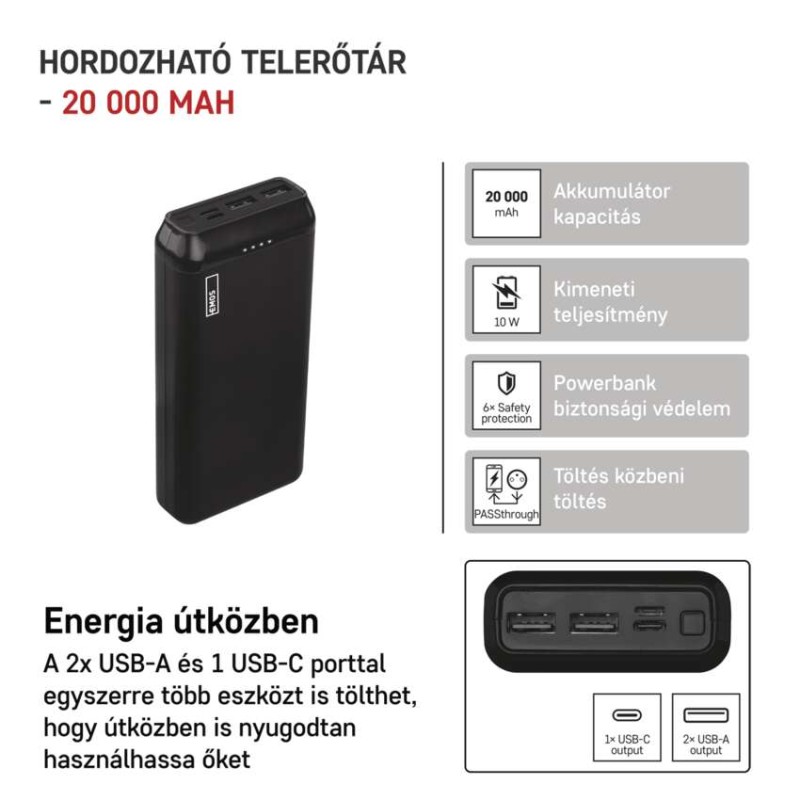 EMOS Powerbank ALPHA2 20, 20 000 mAh, 10 W, fekete
