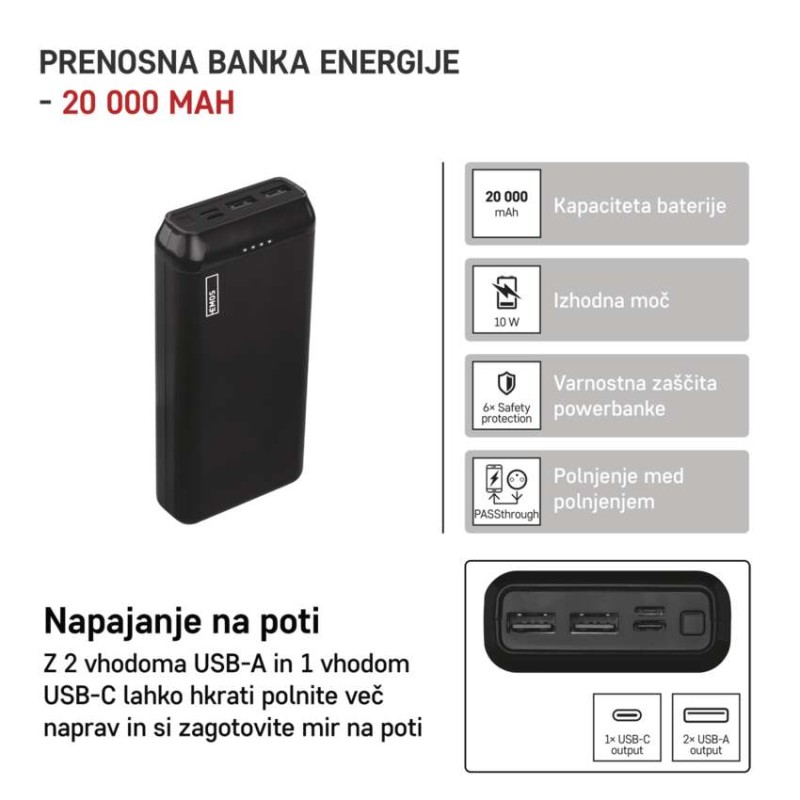 EMOS ALPHA2 20 powerbank, 20 000 mAh, 10 W, črni