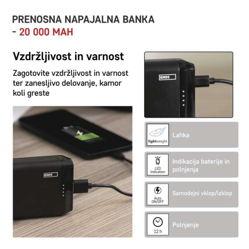 EMOS ALPHA2 20 powerbank, 20 000 mAh, 10 W, črni