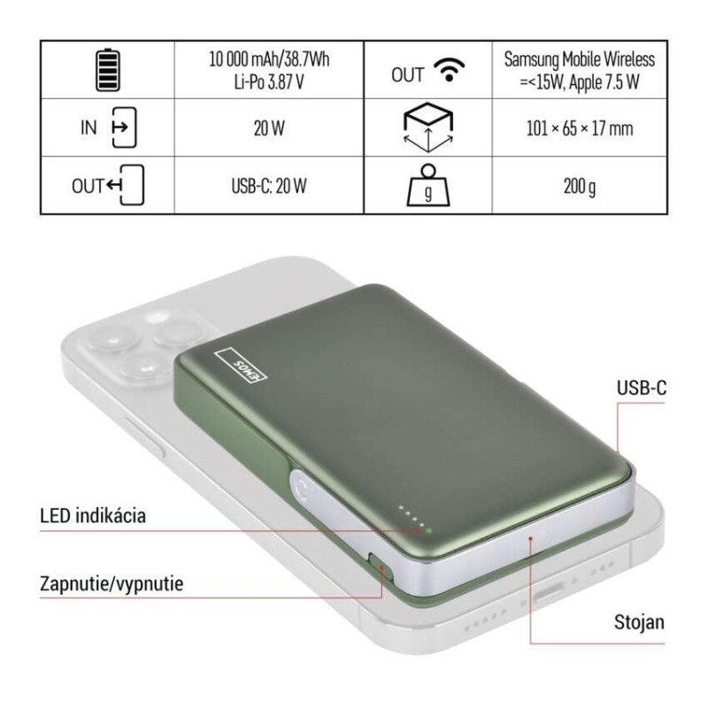 Power bank EMOS WI 1031, 10 000 mAh, 20 W+Wireless, army-green