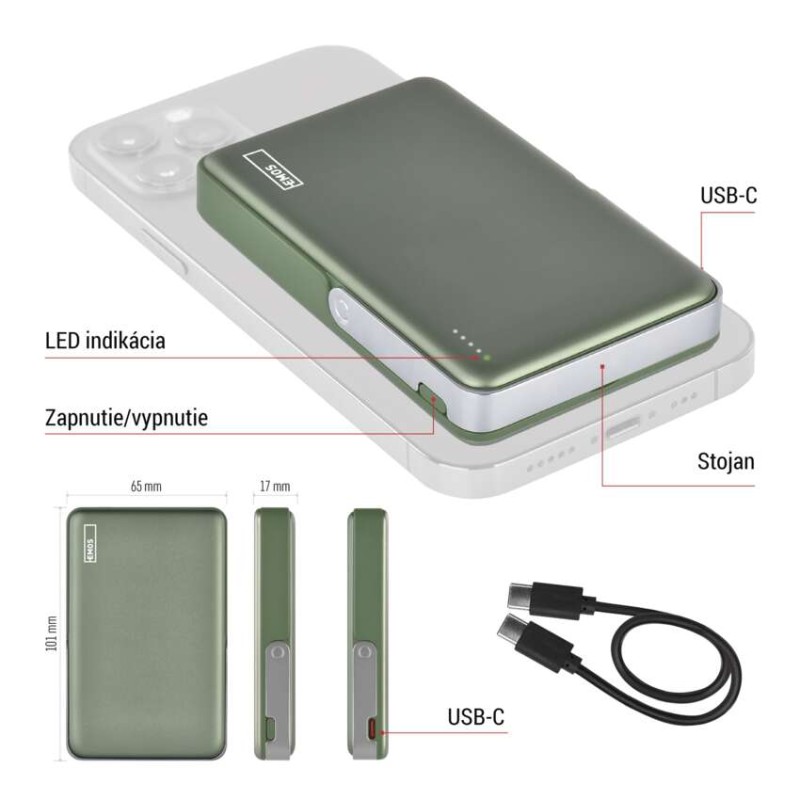 Power bank EMOS WI 1031, 10 000 mAh, 20 W+Wireless, army-green