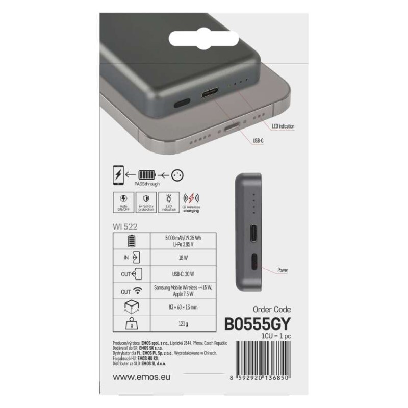 Power bank EMOS WI 522, 5 000 mAh, 20 W+Wireless, šedá