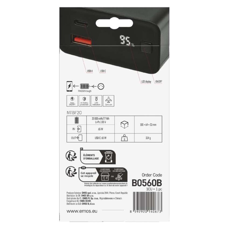 Powerbanka EMOS NTBF20, 20 000 mAh, 65 W PD, černá