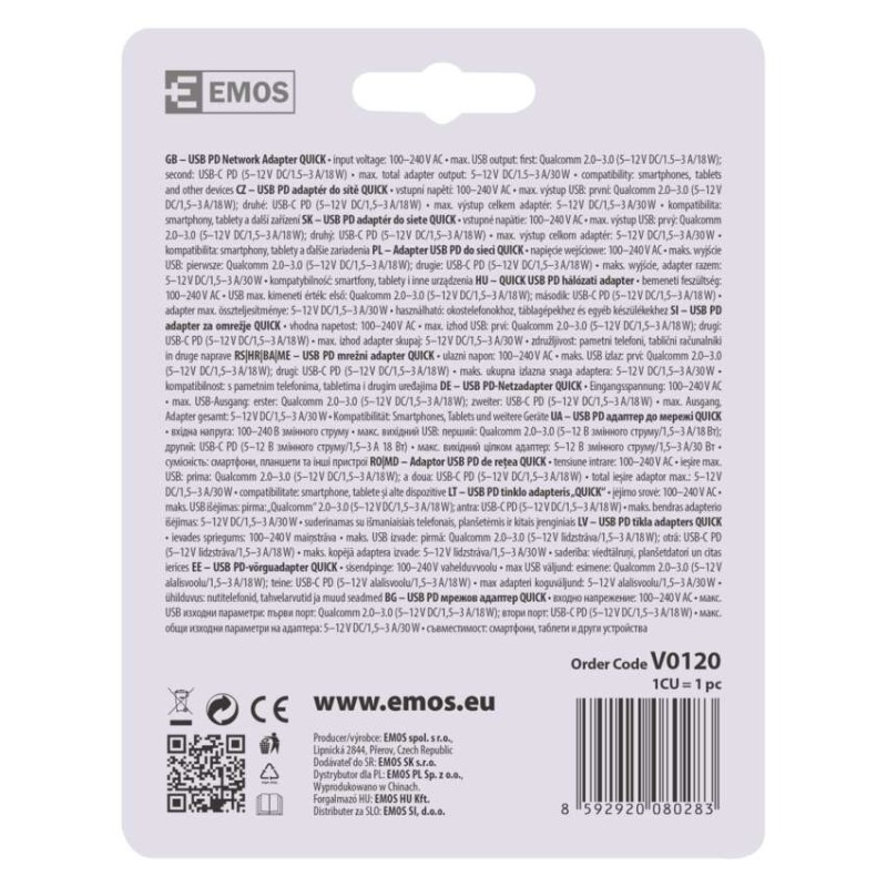 EMOS Univerzális hálózati USB PD töltő QUICK
