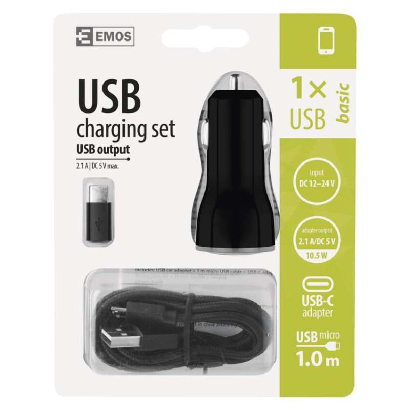 USB adaptér do auta 2,1A + micro USB kabel + USB-C redukce
