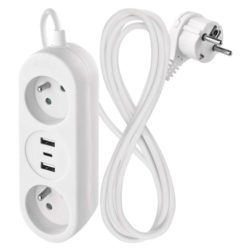 Prodlužovací kabel 1,4 m / 2 zásuvky+2×USB-A+1×USB-C / bílý / PVC / 1,5 mm2