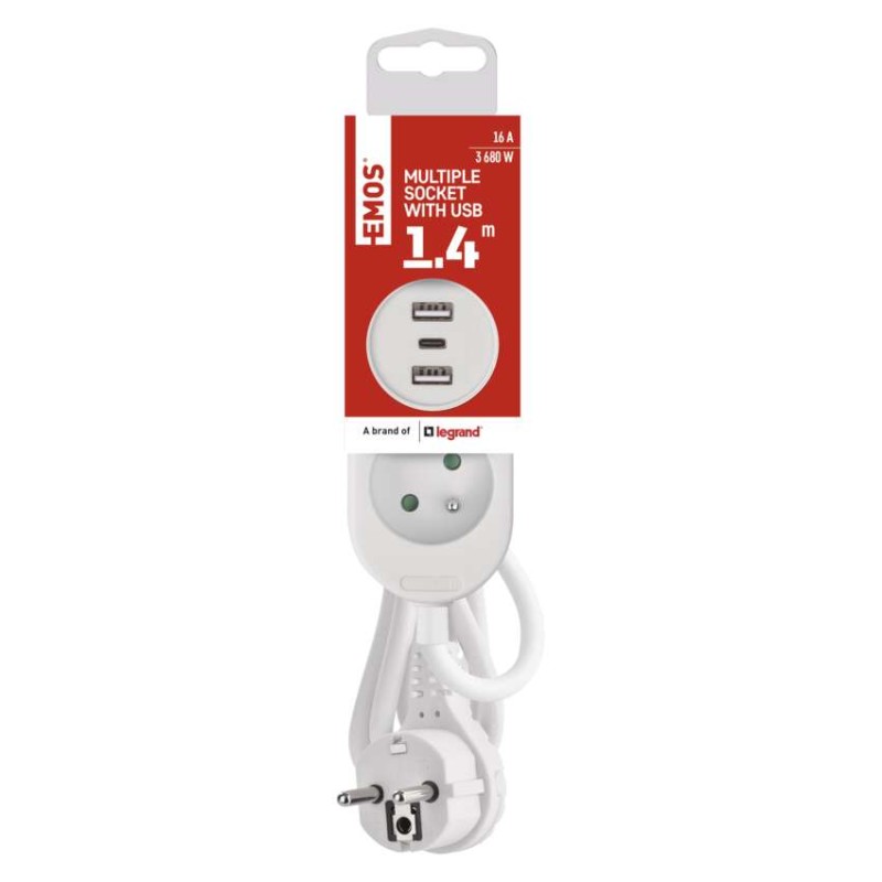 Prodlužovací kabel 1,4 m / 2 zásuvky+2×USB-A+1×USB-C / bílý / PVC / 1,5 mm2