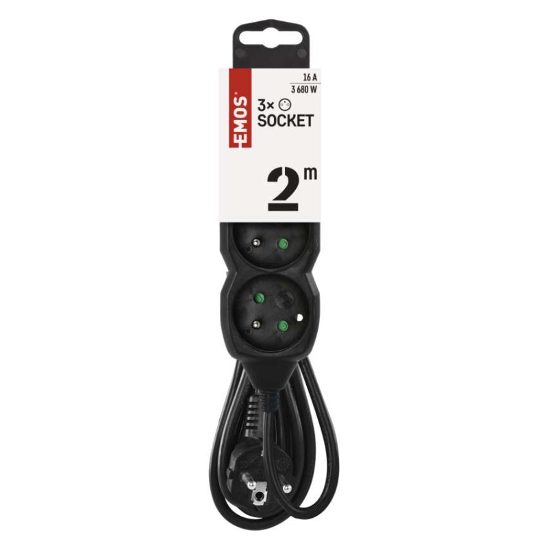 Przedłużacz 2 m / 3 gniazda / czarny / PVC / 1 mm2