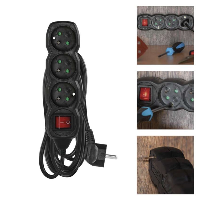 Przedłużacz 5 m / 3 gniazda / z wyłącznikiem / czarny / PVC / 1 mm2