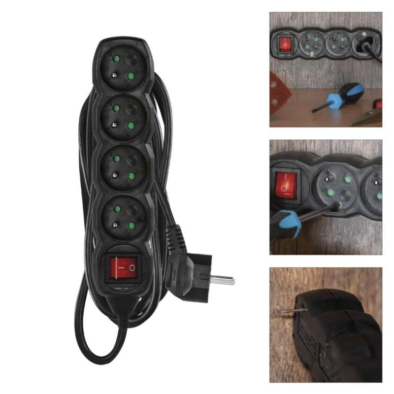 Prodlužovací kabel 5 m / 4 zásuvky / s vypínačem / černý / PVC / 1 mm2
