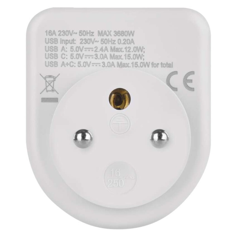 Rozbočovací zásuvka 1×, 1×USB-A+1×USB-C, bílá